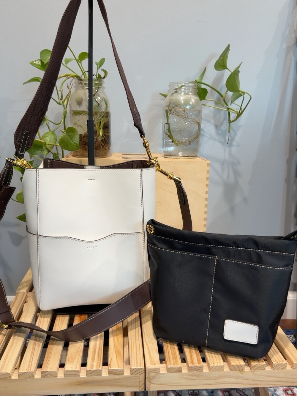 AALLYN Jordan Cream Leather Bucket Bag Brown Strap Crossbody With Pouch